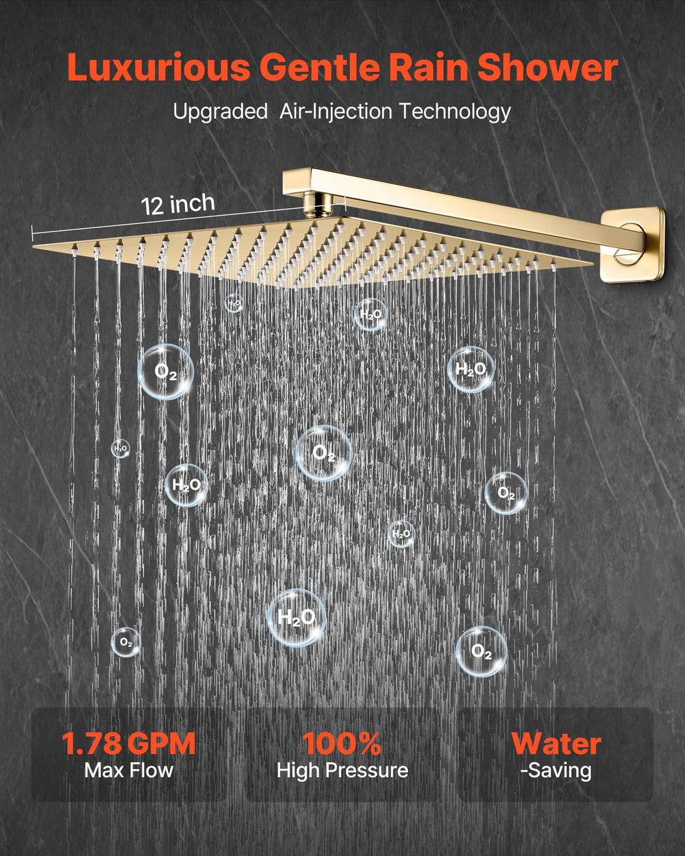 VEVOR Shower Faucet Set, Rainfall Bathroom Shower System with 12-Inch (30.5cm) Square Rain Shower Head and Handheld Spray, Wall Mounted Bath Fixtures with Brass Valve and Trim Kit, Brushed Gold