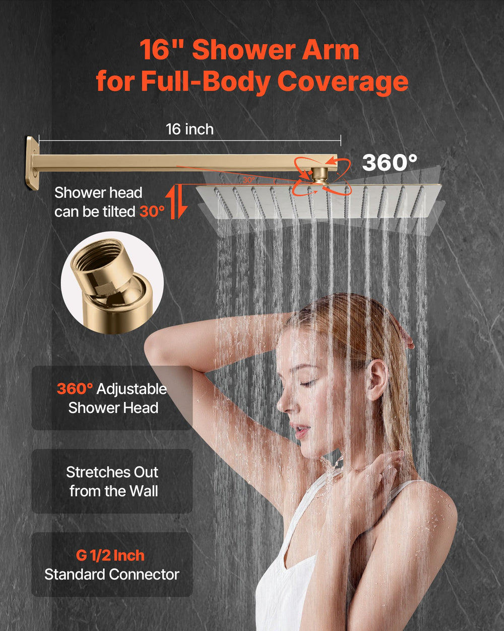 VEVOR Shower Faucet Set, Rainfall Bathroom Shower System with 12-Inch (30.5cm) Square Rain Shower Head and Handheld Spray, Wall Mounted Bath Fixtures with Brass Valve and Trim Kit, Brushed Gold