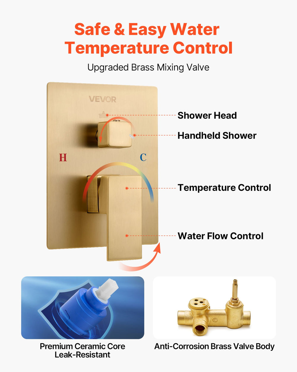 VEVOR Shower Faucet Set, Rainfall Bathroom Shower System with 12-Inch (30.5cm) Square Rain Shower Head and Handheld Spray, Wall Mounted Bath Fixtures with Brass Valve and Trim Kit, Brushed Gold