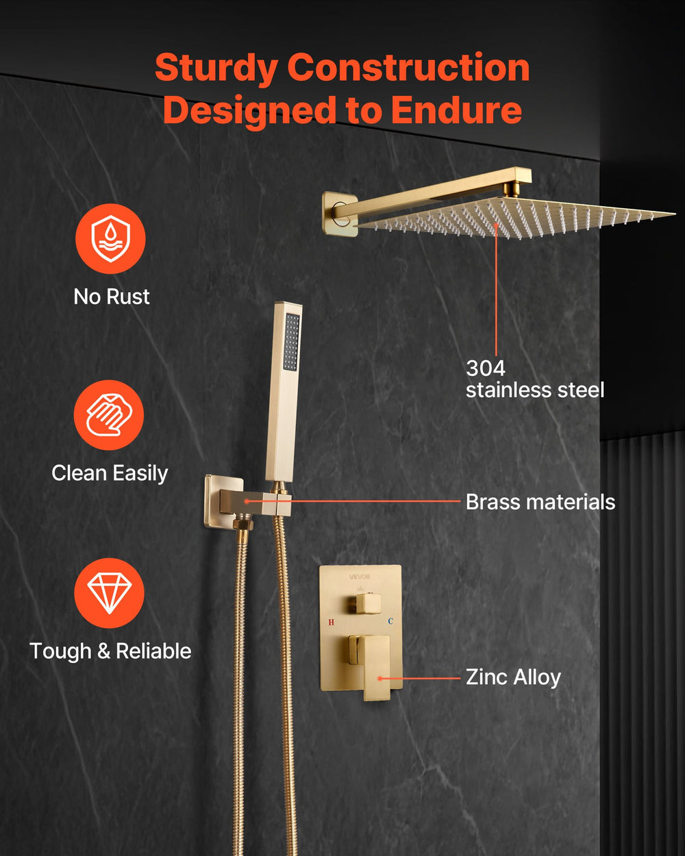 VEVOR Shower Faucet Set, Rainfall Bathroom Shower System with 12-Inch (30.5cm) Square Rain Shower Head and Handheld Spray, Wall Mounted Bath Fixtures with Brass Valve and Trim Kit, Brushed Gold