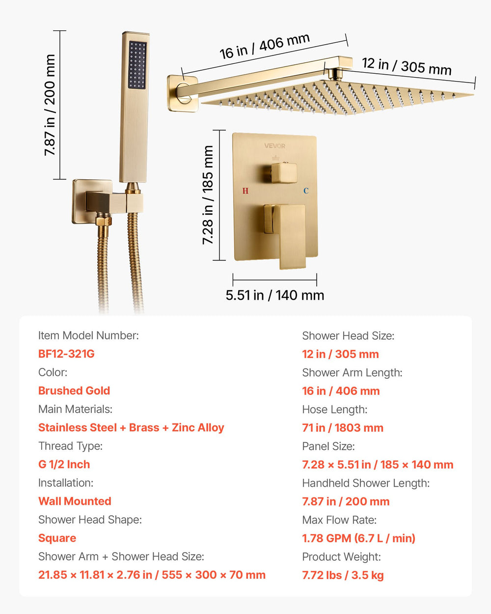 VEVOR Shower Faucet Set, Rainfall Bathroom Shower System with 12-Inch (30.5cm) Square Rain Shower Head and Handheld Spray, Wall Mounted Bath Fixtures with Brass Valve and Trim Kit, Brushed Gold