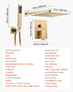 VEVOR Shower Faucet Set, Rainfall Bathroom Shower System with 12-Inch (30.5cm) Square Rain Shower Head and Handheld Spray, Wall Mounted Bath Fixtures with Brass Valve and Trim Kit, Brushed Gold