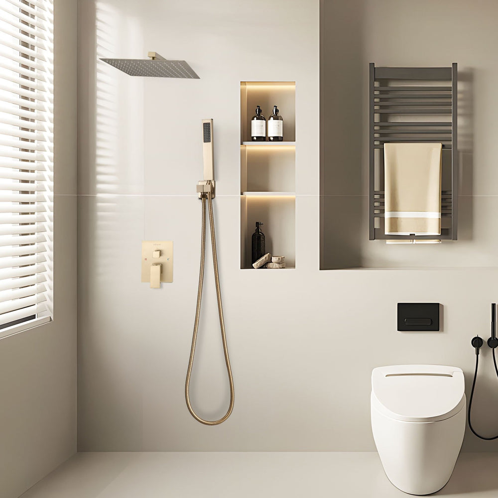 VEVOR Shower Faucet Set, Rainfall Bathroom Shower System with 12-Inch (30.5cm) Square Rain Shower Head and Handheld Spray, Wall Mounted Bath Fixtures with Brass Valve and Trim Kit, Brushed Gold