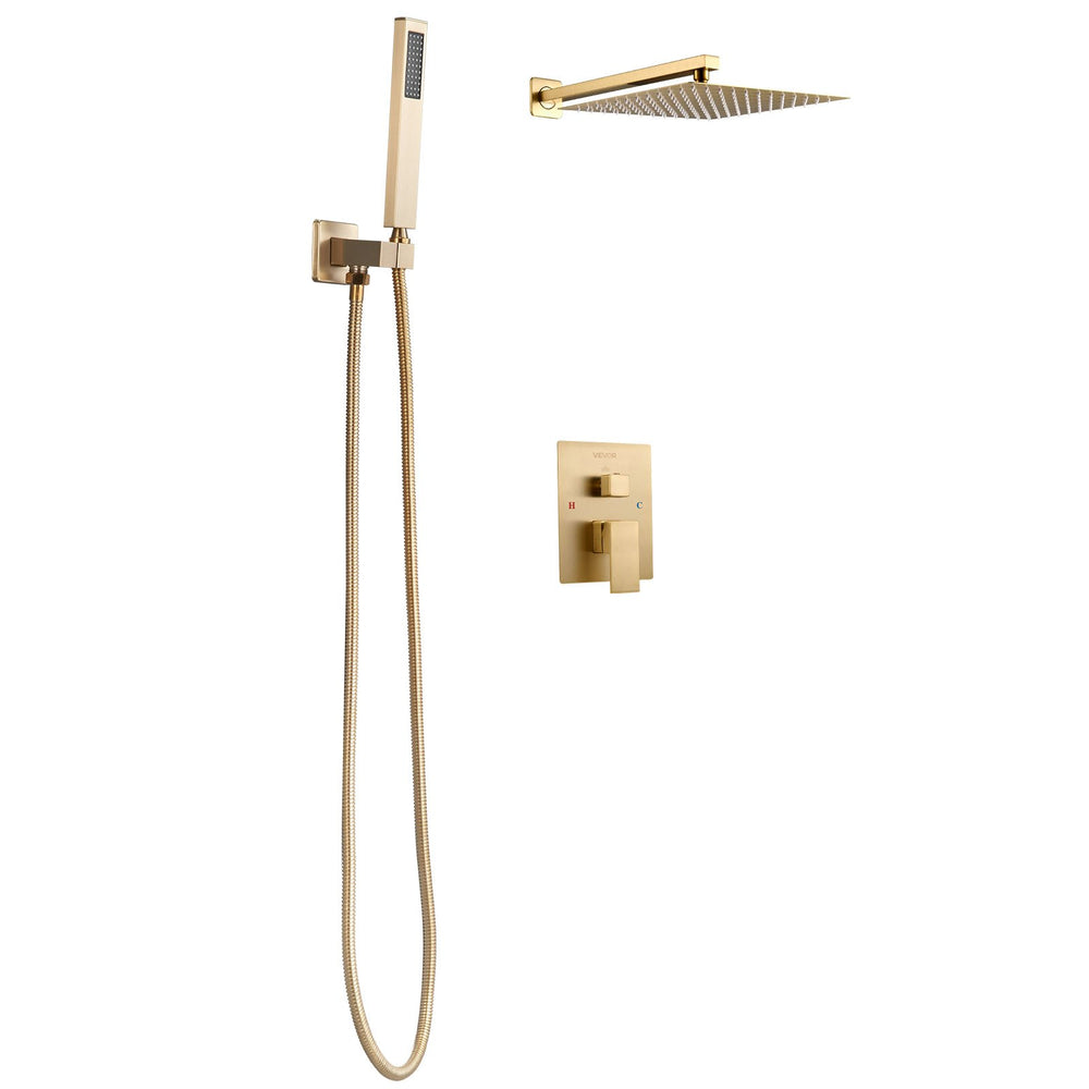 VEVOR Shower Faucet Set, Rainfall Bathroom Shower System with 12-Inch (30.5cm) Square Rain Shower Head and Handheld Spray, Wall Mounted Bath Fixtures with Brass Valve and Trim Kit, Brushed Gold