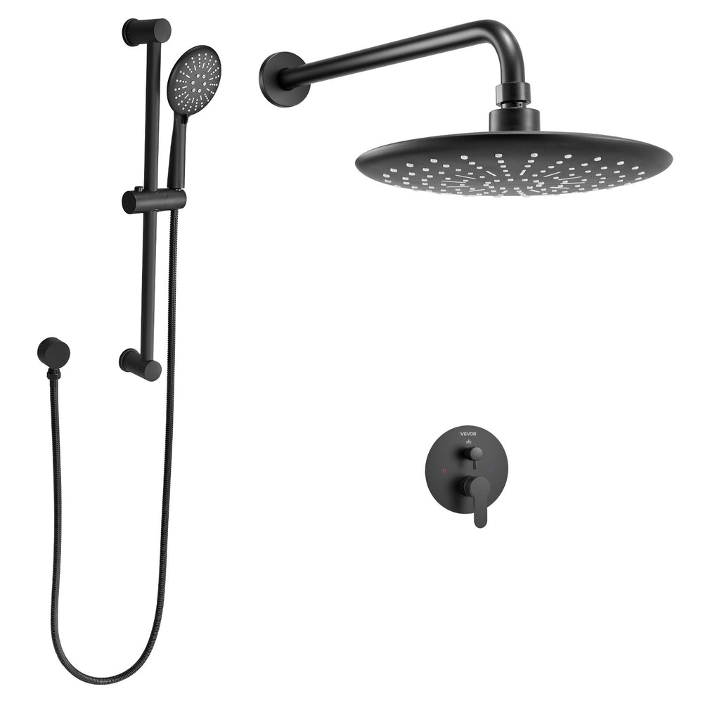 VEVOR Shower Faucet Set, Rainfall Bathroom Shower System with 9-Inch (23cm) Round Rain Shower Head and Handheld Spray, Wall Mounted Bath Fixtures with Brass Valve and Trim Kit, Matte Black