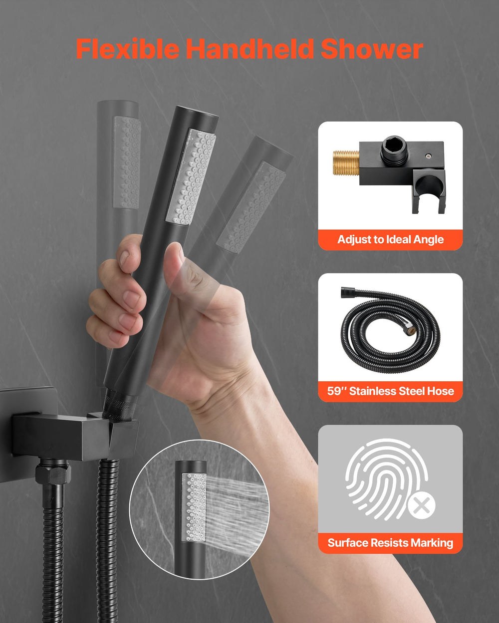 VEVOR Shower Faucet Set, Rainfall Bathroom Shower System with 10-Inch (25.4cm) Square Rain Shower Head and Handheld Spray, Wall Mounted Bath Fixtures with Brass Valve and Trim Kit, Matte Black
