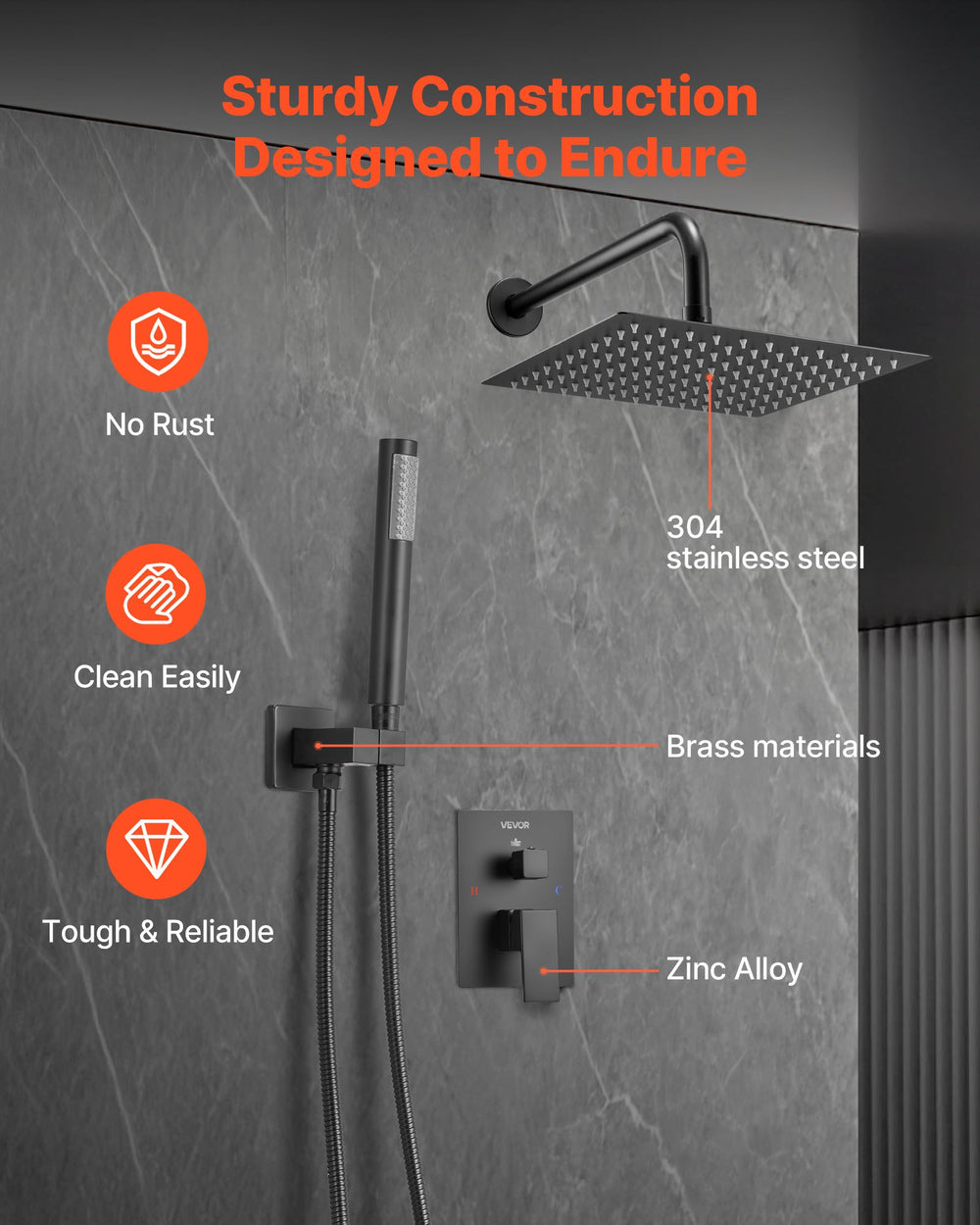 VEVOR Shower Faucet Set, Rainfall Bathroom Shower System with 10-Inch (25.4cm) Square Rain Shower Head and Handheld Spray, Wall Mounted Bath Fixtures with Brass Valve and Trim Kit, Matte Black