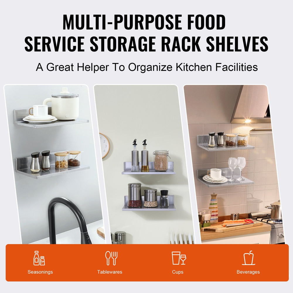 VEVOR 21.8 x 40.6 cm Stainless Steel Shelf, Wall Mounted Floating Shelving with Backsplash, 20 kg Load Capacity Commercial Shelves, Heavy Duty Storage Rack for Restaurant, Kitchen, Bar, Home, and Hotel