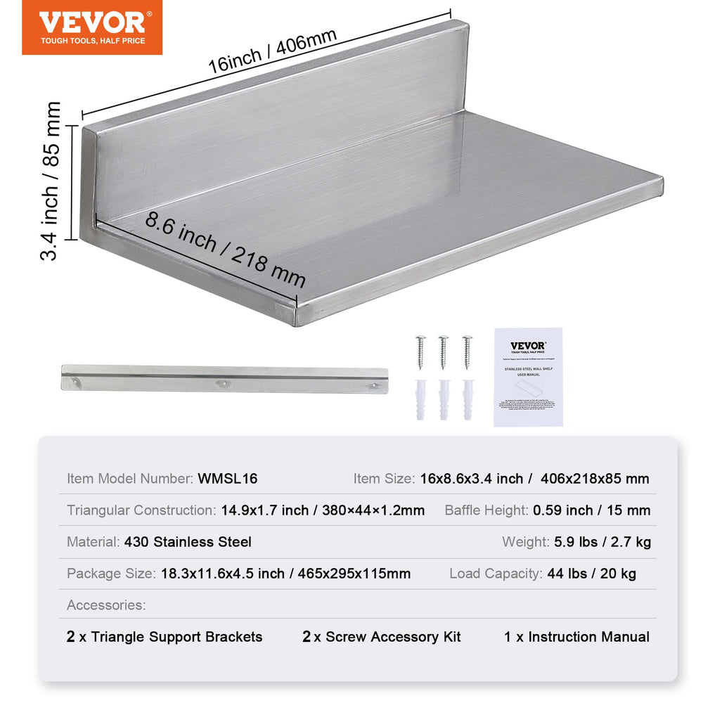 VEVOR 21.8 x 40.6 cm Stainless Steel Shelf, Wall Mounted Floating Shelving with Backsplash, 20 kg Load Capacity Commercial Shelves, Heavy Duty Storage Rack for Restaurant, Kitchen, Bar, Home, and Hotel
