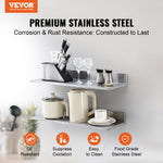 VEVOR 21.8 x 76.2 cm Stainless Steel Shelf, Wall Mounted Floating Shelving with Backsplash, 20 kg Load Capacity Commercial Shelves, Heavy Duty Storage Rack for Restaurant, Kitchen, Bar, Home, and Hotel