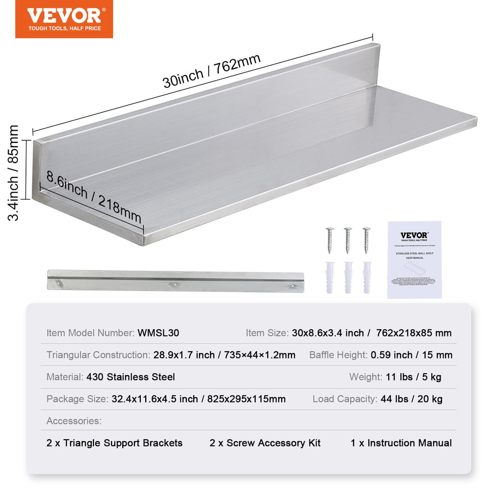 VEVOR 21.8 x 76.2 cm Stainless Steel Shelf, Wall Mounted Floating Shelving with Backsplash, 20 kg Load Capacity Commercial Shelves, Heavy Duty Storage Rack for Restaurant, Kitchen, Bar, Home, and Hotel