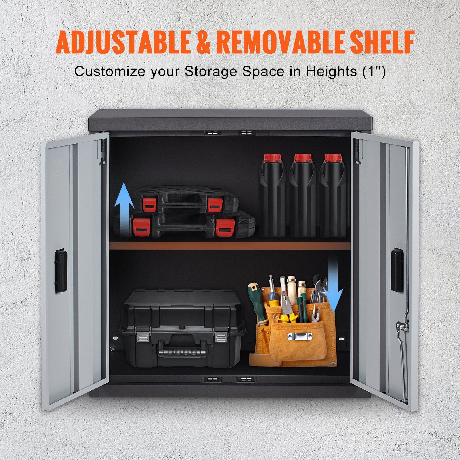 VEVOR Foldable Wall Cabinet, Metal Garage Locker Mounted 660 mm Small Tool Chest 108.8 kg Loading Capacity Adjustable Shelf Magnetic Door File for Warehouse Office Home Black