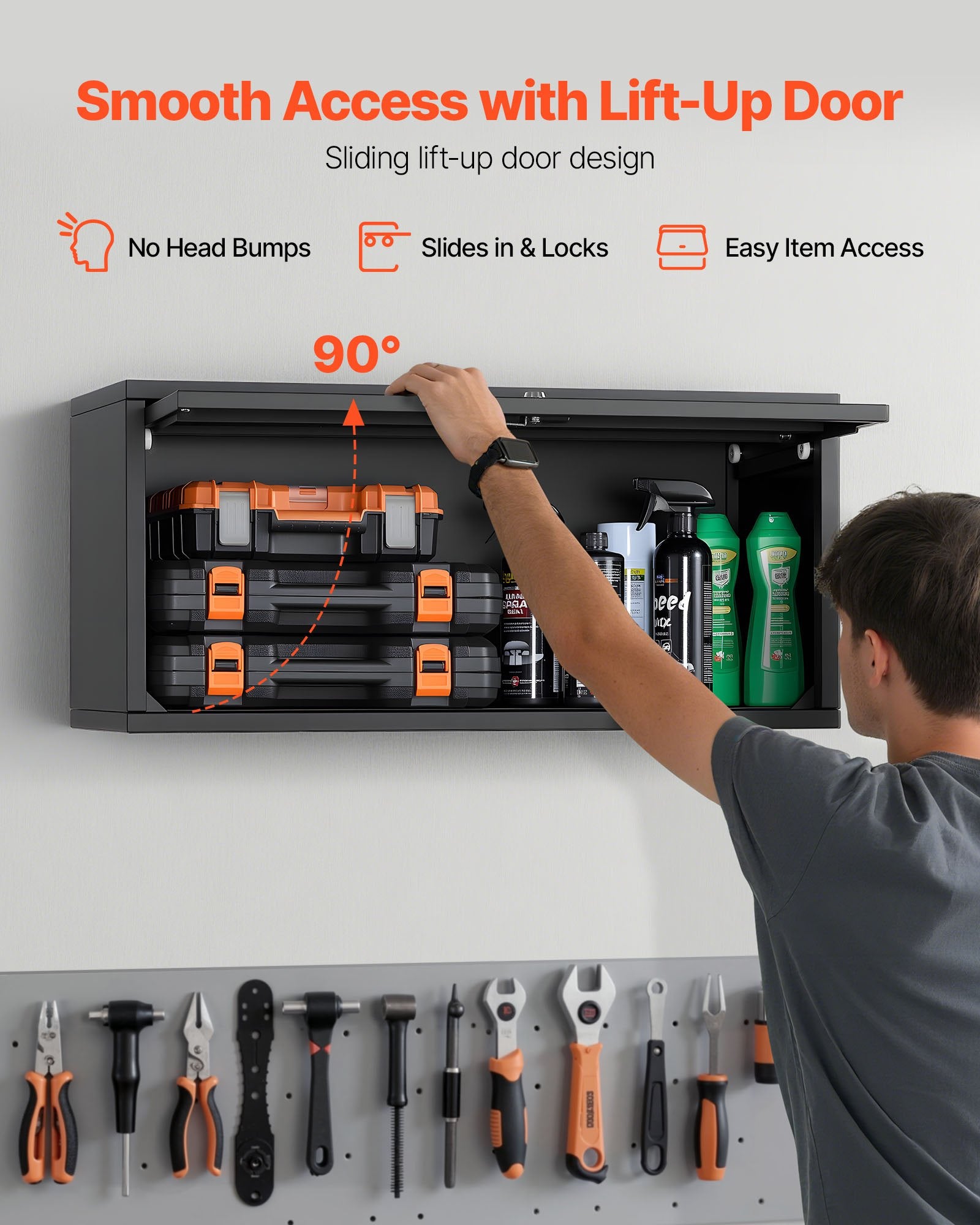 VEVOR Metal Wall Cabinet, 77W x 30.5D x 35.6H cm, Floating Garage Tool Cabinet with Up-Flip Door, 54.5 kg Load per Shelf, Fit for Garage, Basement, Kitchen, Warehouse, Assembly Required