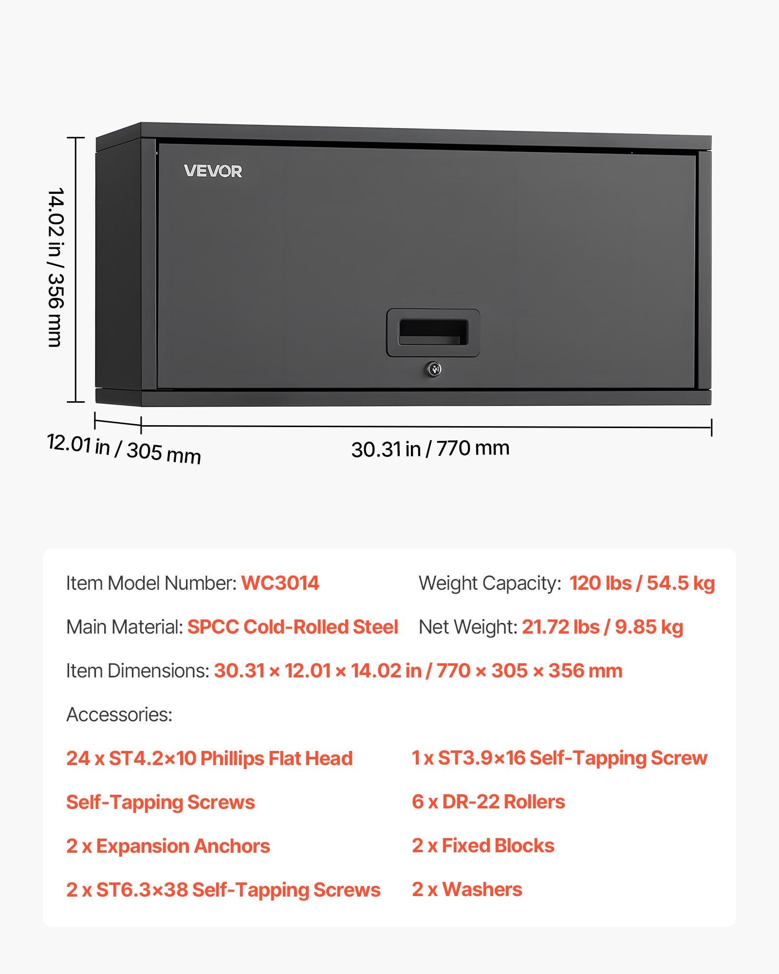 VEVOR Metal Wall Cabinet, 77W x 30.5D x 35.6H cm, Floating Garage Tool Cabinet with Up-Flip Door, 54.5 kg Load per Shelf, Fit for Garage, Basement, Kitchen, Warehouse, Assembly Required