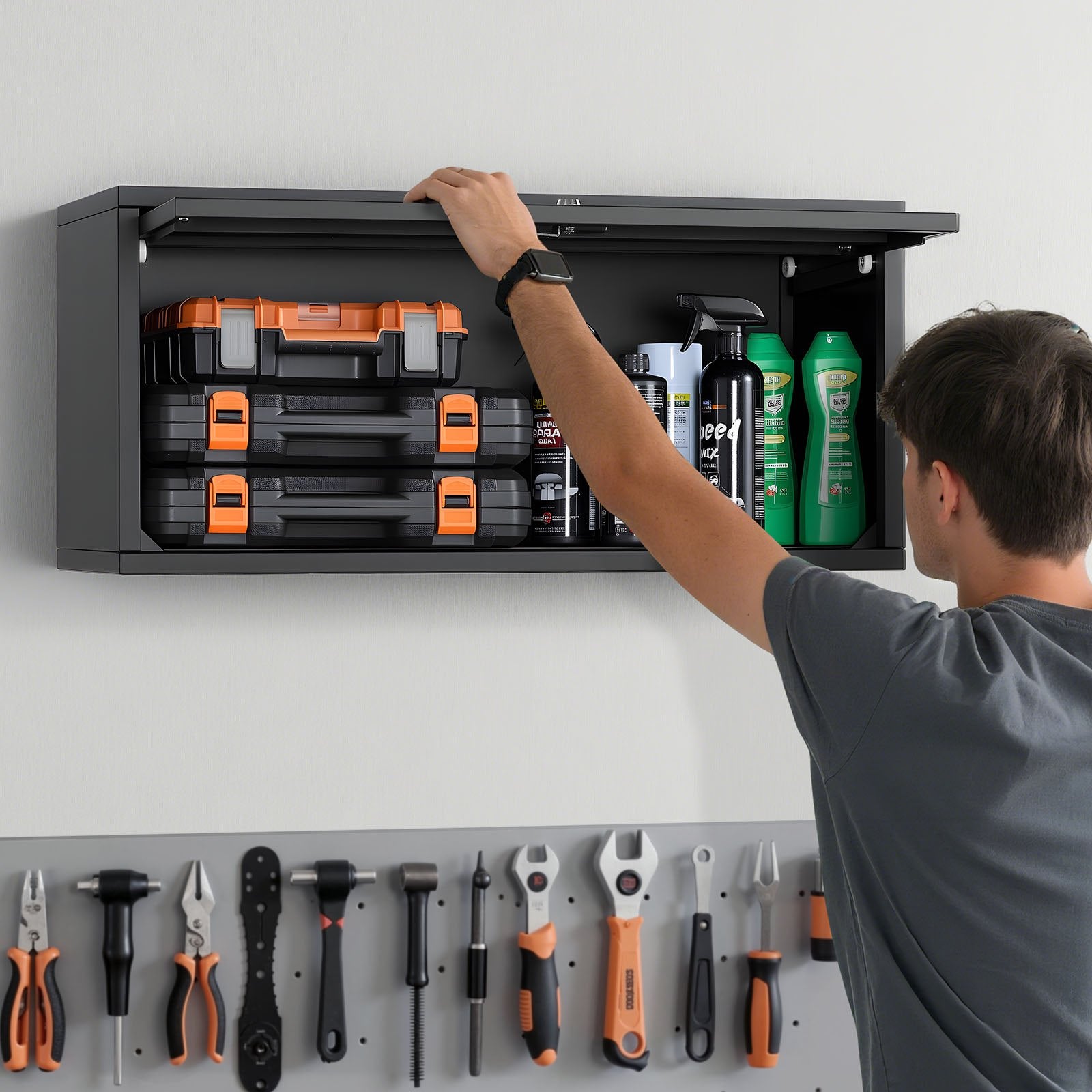 VEVOR Metal Wall Cabinet, 77W x 30.5D x 35.6H cm, Floating Garage Tool Cabinet with Up-Flip Door, 54.5 kg Load per Shelf, Fit for Garage, Basement, Kitchen, Warehouse, Assembly Required