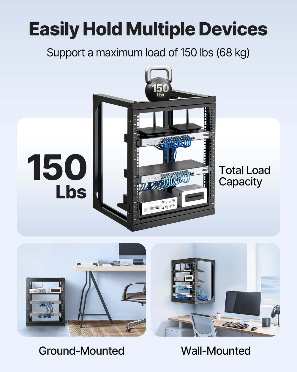 VEVOR 12U Wall Mount Server Rack, 68.04 kg Max Load Capacity, Open Frame Network Rack with 180 Degrees Gate Swing Door, Carbon Steel, Ideal for IT Network Equipment & AV Devices Computer Server, Black