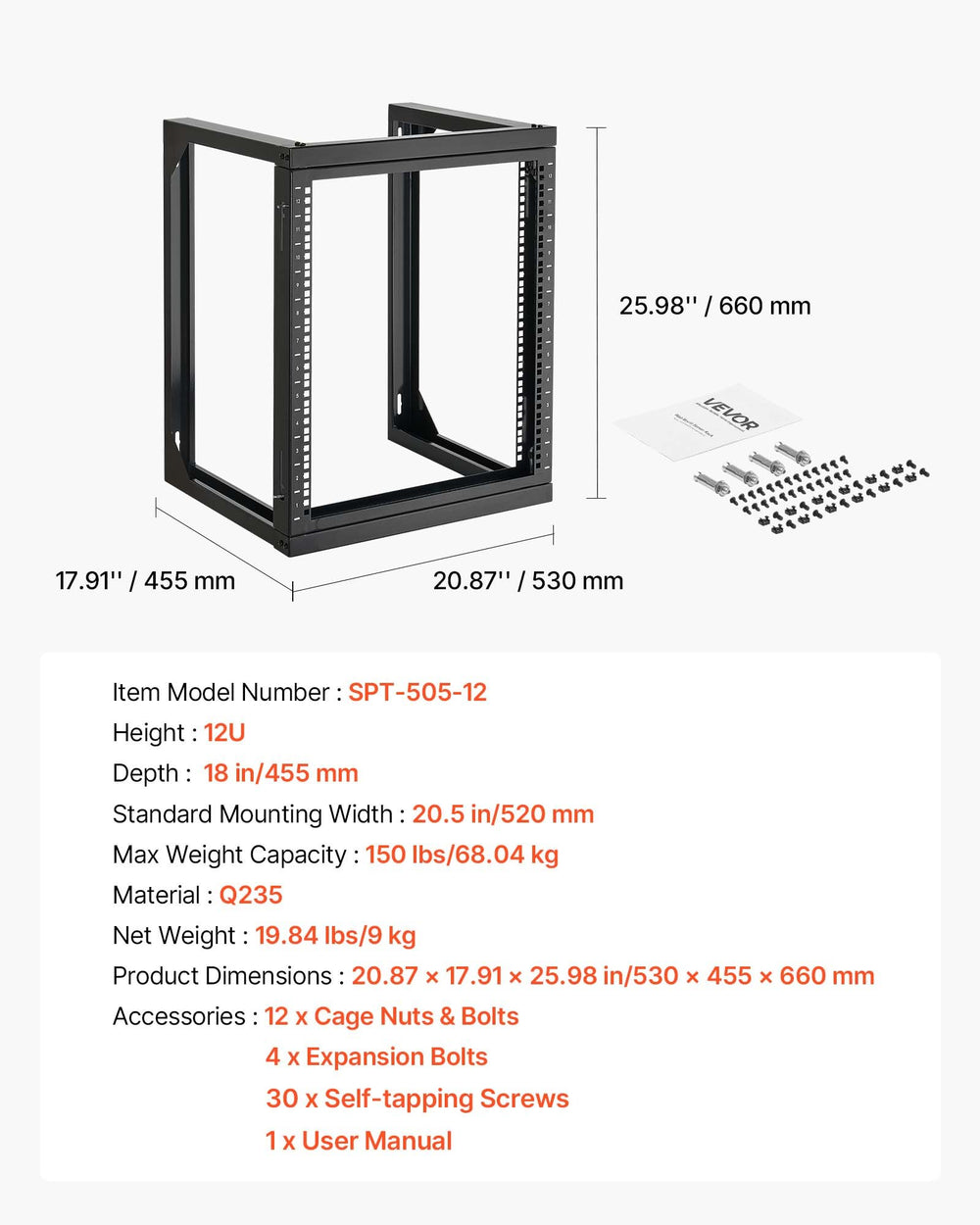 VEVOR 12U Wall Mount Server Rack, 68.04 kg Max Load Capacity, Open Frame Network Rack with 180 Degrees Gate Swing Door, Carbon Steel, Ideal for IT Network Equipment & AV Devices Computer Server, Black