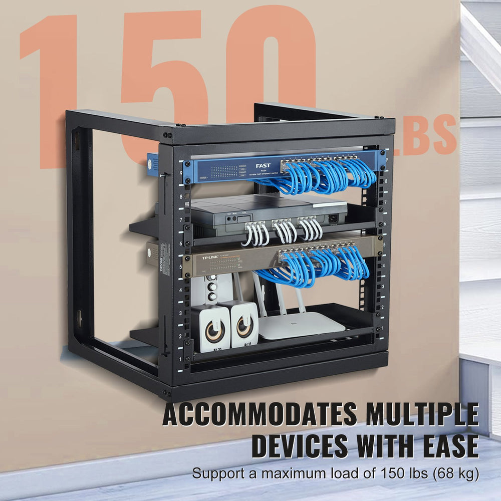 VEVOR 9U Wall Mount Rack 150 lbs/68.04 kg Open Frame Server Network Rack Black 530x450x520mm