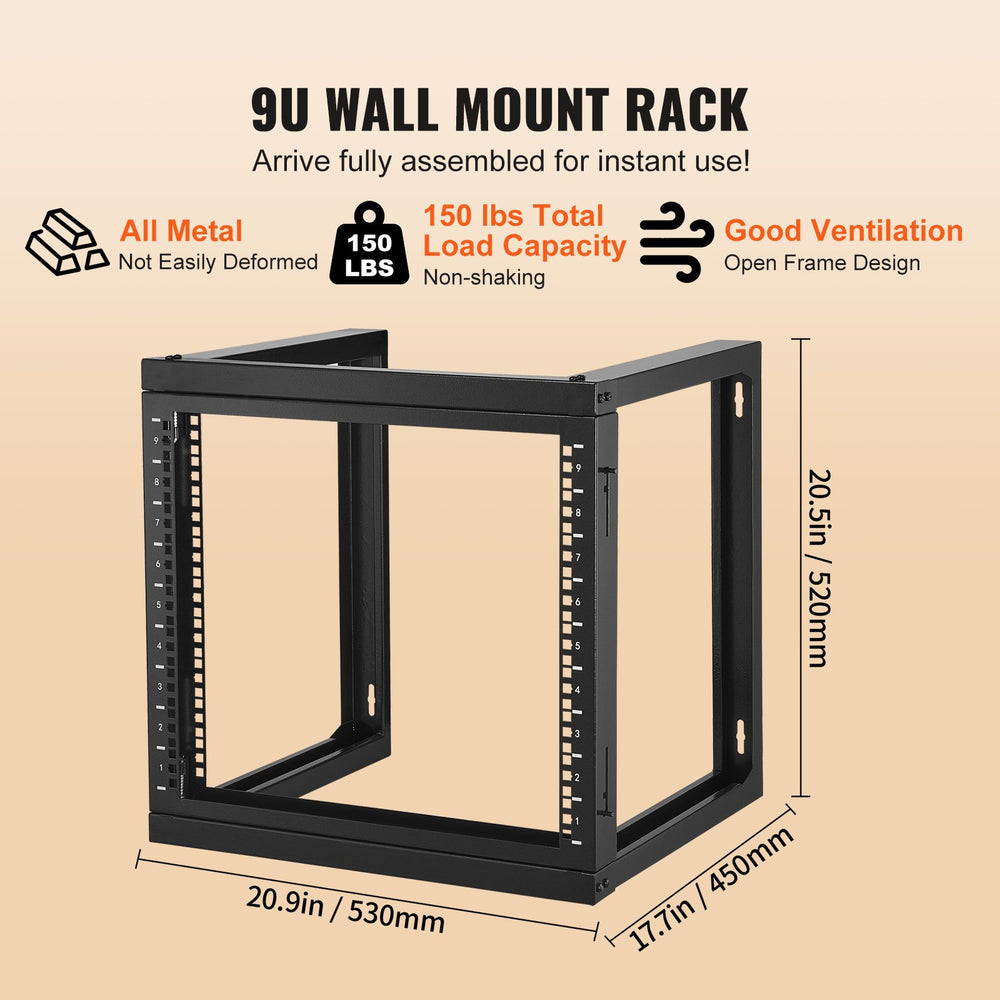 VEVOR 9U Wall Mount Rack 150 lbs/68.04 kg Open Frame Server Network Rack Black 530x450x520mm
