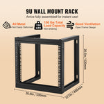 VEVOR 9U Wall Mount Rack 150 lbs/68.04 kg Open Frame Server Network Rack Black 530x450x520mm