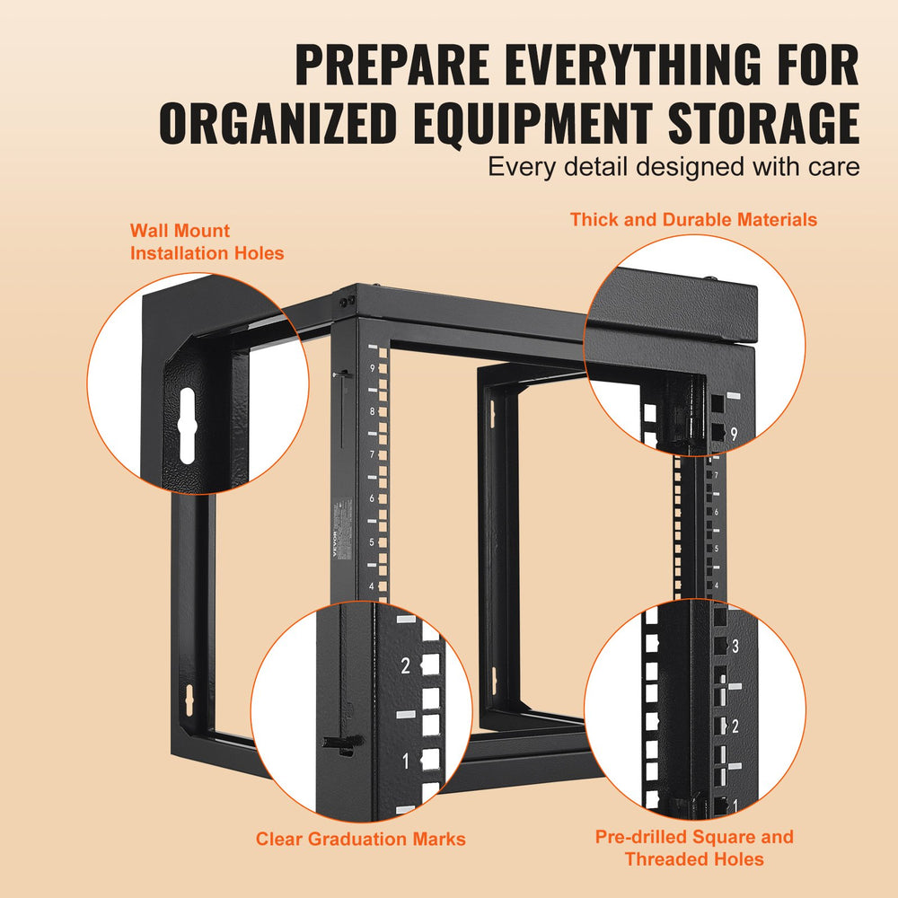 VEVOR 9U Wall Mount Rack 150 lbs/68.04 kg Open Frame Server Network Rack Black 530x450x520mm