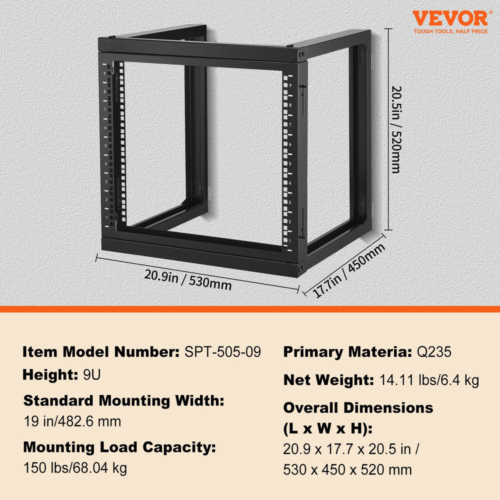 VEVOR 9U Wall Mount Rack 150 lbs/68.04 kg Open Frame Server Network Rack Black 530x450x520mm