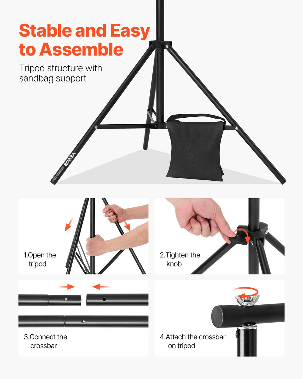 VEVOR Backdrop Stand, 10 x 10 ft Adjustable Photo Backdrop Stand Kit, Portable Background Backdrop Stand with 4 Crossbars, Heavy Duty Projector Screen Stand, for Wedding, Photo Video Studio & Party