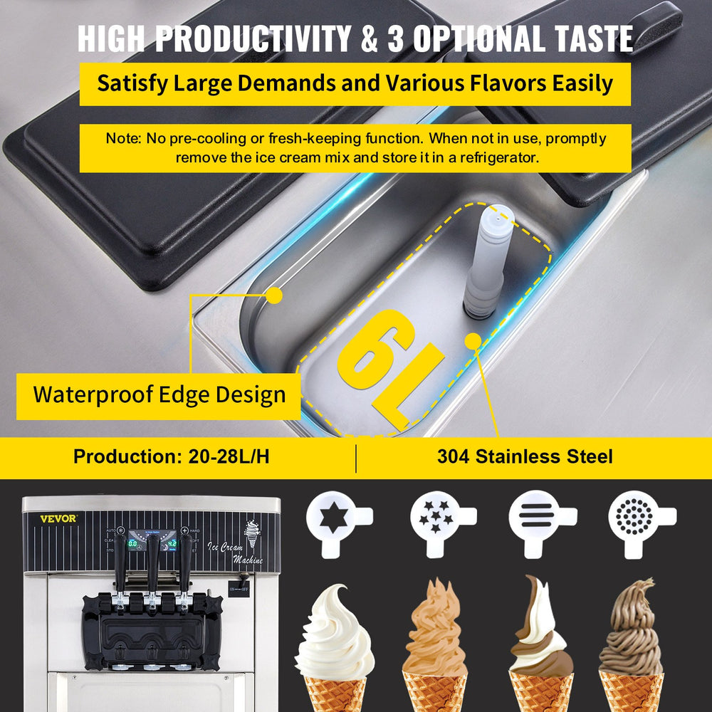 VEVOR Soft Ice Cream Machine 2200W Commercial Vertical Soft Ice Cream Maker Machine 5.3 to 7.4 Gallons per Hour Ice Cream Machine for Restaurants Bars Cafes Bakeries