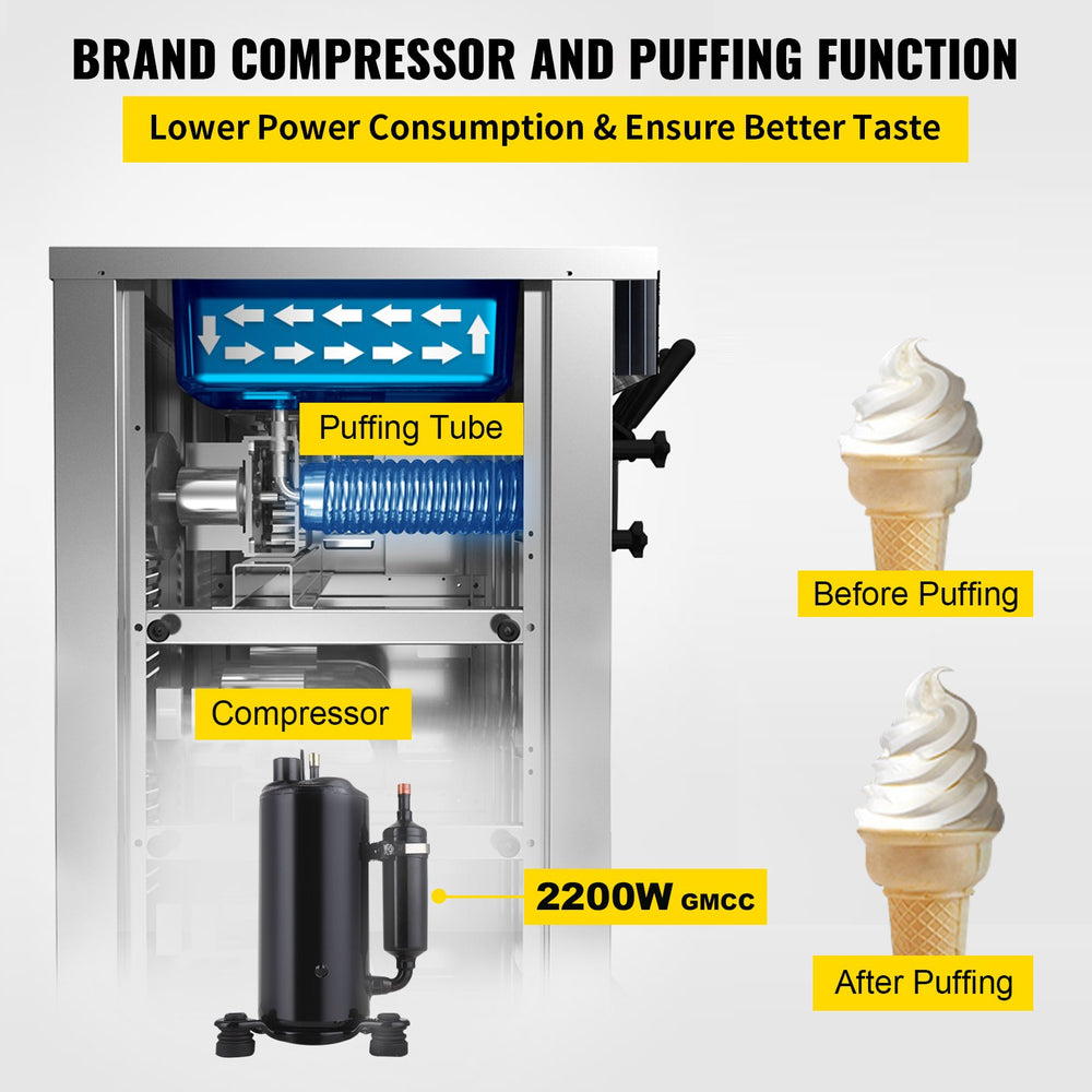 VEVOR Soft Ice Cream Machine 2200W Commercial Vertical Soft Ice Cream Maker Machine 5.3 to 7.4 Gallons per Hour Ice Cream Machine for Restaurants Bars Cafes Bakeries
