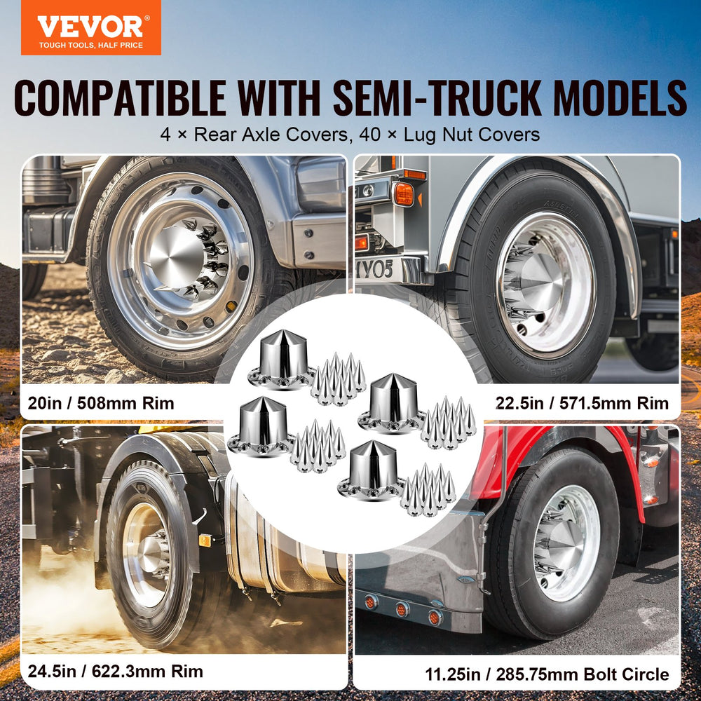 VEVOR Rear Axle Wheel Covers, Spiked Axle Cover for Semi Truck, ABS Electroplate Rust-Resistant Lug Nut Covers, Universal Fit, Installation Tool Included, Complete Axle Cover Combo Kit