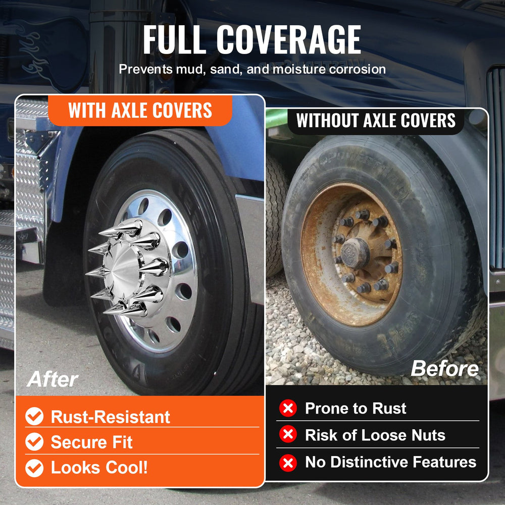 VEVOR Rear Front Axle Wheel Covers, Spiked Axle Cover for Semi Truck, ABS Rust-Resistant Lug Nut Covers, Universal Fit, Installation Tool Included, 2 Front and 4 Rear Axle Hub Covers Combo Kit