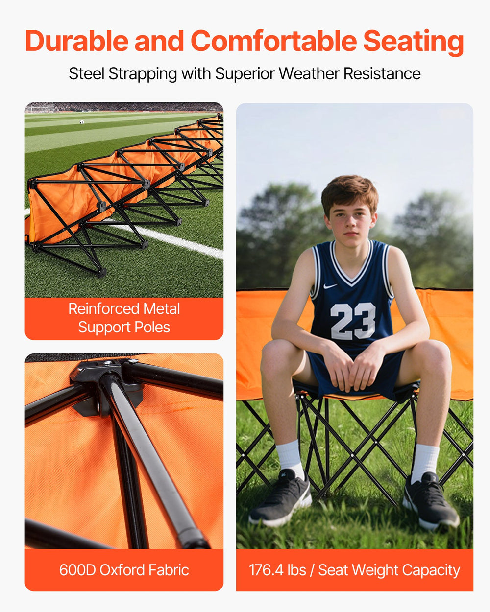 VEVOR Portable Folding Bench, 6 Seat Foldable Soccer Bench with Side Pockets and Carrying Bag, Lightweight Sideline Seating with Back Rest for Football, Baseball, Camping, Outdoor Events, Orange