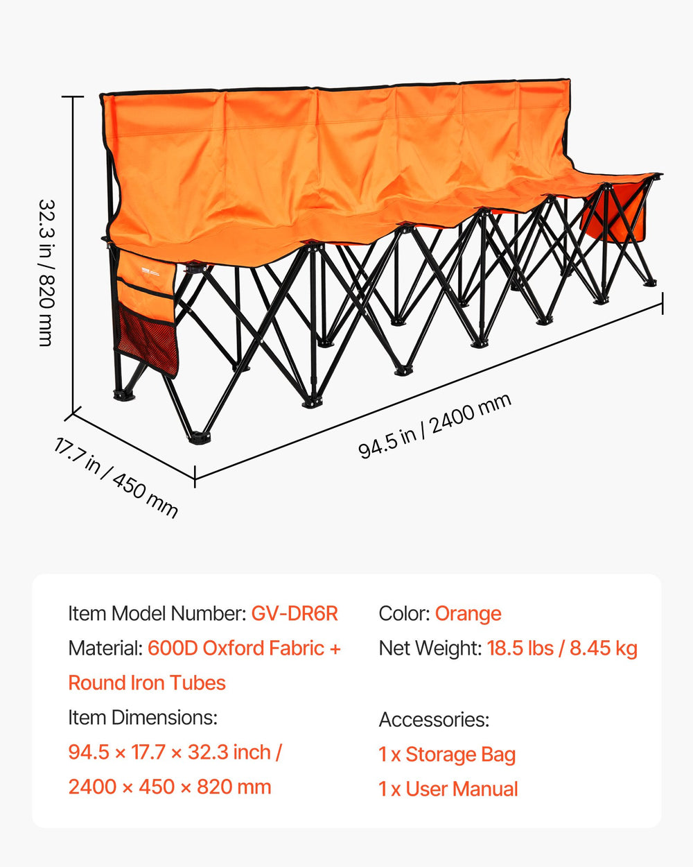 VEVOR Portable Folding Bench, 6 Seat Foldable Soccer Bench with Side Pockets and Carrying Bag, Lightweight Sideline Seating with Back Rest for Football, Baseball, Camping, Outdoor Events, Orange