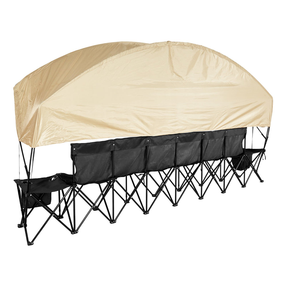 VEVOR Portable Folding Bench, 6 Seat Soccer Bench with Storage Pockets Cup Holders & Carrying Bag, Lightweight Sideline Seating with Sunshade for Football, Baseball, Camping, Outdoor Events, Black