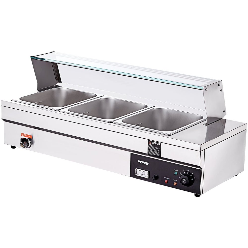 VEVOR Commercial Electric Food Warmer Countertop Buffet 3*12Qt with Glass Shield