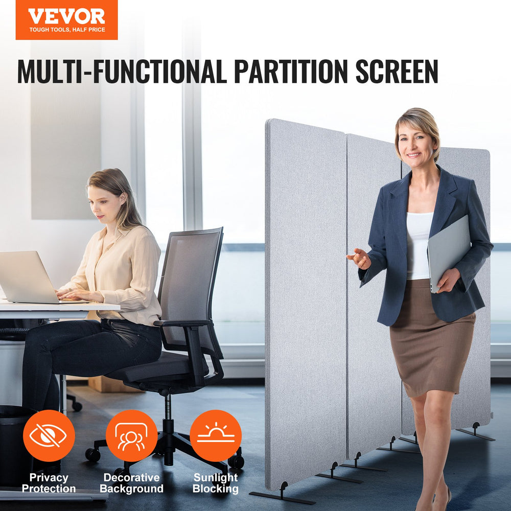 VEVOR 2FT Room Divider, 3 Panels PET Polyester Soundproof Room Screen, Folding Privacy Divider Portable Partition Divider for Room Separation, Freestanding Room Partitions for Office Study, Grey