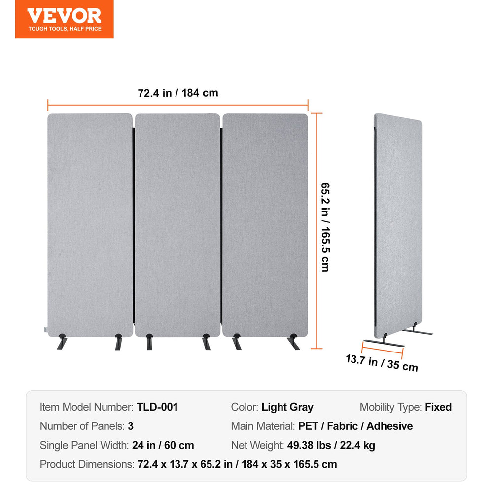 VEVOR 2FT Room Divider, 3 Panels PET Polyester Soundproof Room Screen, Folding Privacy Divider Portable Partition Divider for Room Separation, Freestanding Room Partitions for Office Study, Grey