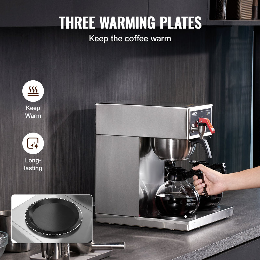 VEVOR 12 Cups Commercial Drip Coffee Maker, Coffee Maker Machine with 3 Glass Carafes and 3 Warmer Plates, Stainless Steel Pour Over Coffee Brewer for Restaurant, Office, Cafe