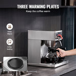 VEVOR 12 Cups Commercial Drip Coffee Maker, Coffee Maker Machine with 3 Glass Carafes and 3 Warmer Plates, Stainless Steel Pour Over Coffee Brewer for Restaurant, Office, Cafe