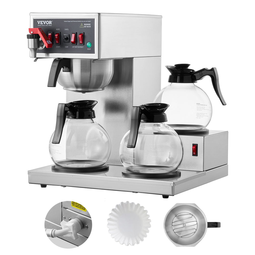 VEVOR 12 Cups Commercial Drip Coffee Maker, Coffee Maker Machine with 3 Glass Carafes and 3 Warmer Plates, Stainless Steel Pour Over Coffee Brewer for Restaurant, Office, Cafe