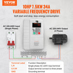 VEVOR VFD 7.5KW, 34A, 10HP Variable Frequency Drive for 3-Phase Motor Speed Control