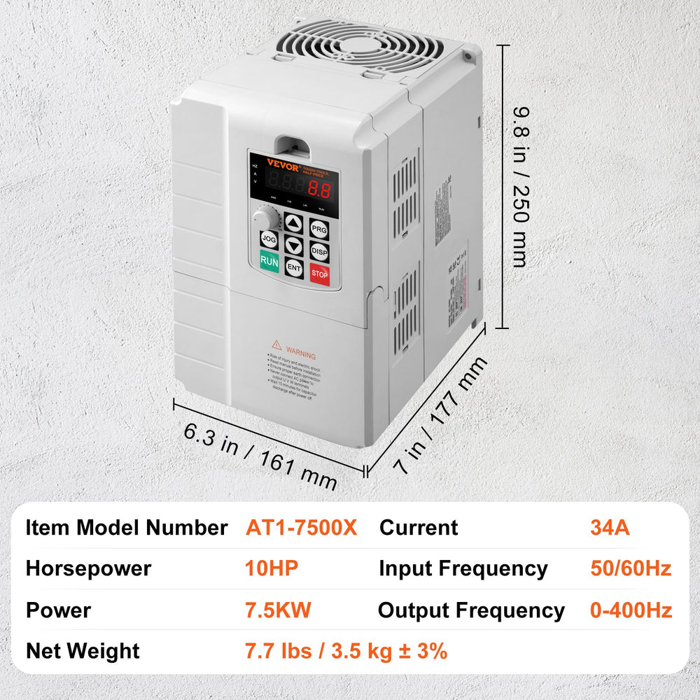 VEVOR VFD 7.5KW, 34A, 10HP Variable Frequency Drive for 3-Phase Motor Speed Control