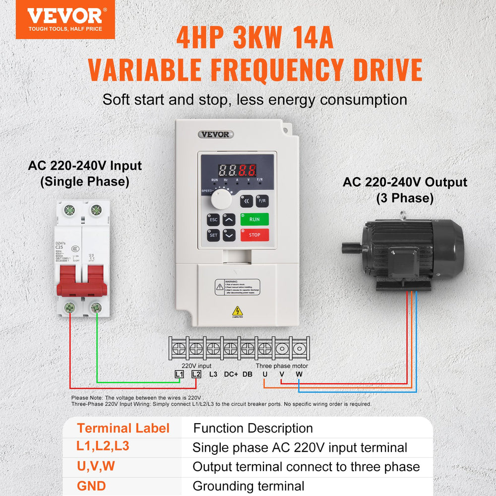 VEVOR VFD 4HP, 3KW, 14A, 1 or 3 Phase AC 220V Input to 3 Phase AC 0~220V Output Variable Frequency Drive, 50/60Hz Input, 0-2000Hz Output VFD for Spindle Motor Speed Control