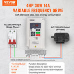 VEVOR VFD 4HP, 3KW, 14A, 1 or 3 Phase AC 220V Input to 3 Phase AC 0~220V Output Variable Frequency Drive, 50/60Hz Input, 0-2000Hz Output VFD for Spindle Motor Speed Control