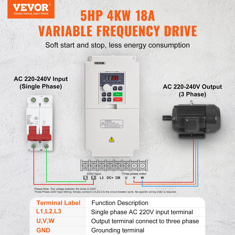 VEVOR VFD 5HP, 4KW, 18A, 1 or 3 Phase AC 220V Input to 3 Phase AC 0~220V Output Variable Frequency Drive, 50/60Hz Input, 0-2000Hz Output VFD for Spindle Motor Speed Control
