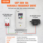 VEVOR VFD 5HP, 4KW, 18A, 1 or 3 Phase AC 220V Input to 3 Phase AC 0~220V Output Variable Frequency Drive, 50/60Hz Input, 0-2000Hz Output VFD for Spindle Motor Speed Control
