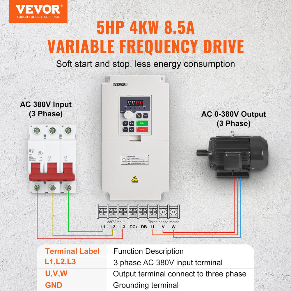 VEVOR VFD 5HP, 4KW, 8.5A, 3 Phase AC 380V Input to 3 Phase AC 0 - 380V Output Variable Frequency Drive, 50/60Hz Input, 0-2000Hz Output VFD for Spindle Motor Speed Control