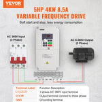 VEVOR VFD 5HP, 4KW, 8.5A, 3 Phase AC 380V Input to 3 Phase AC 0 - 380V Output Variable Frequency Drive, 50/60Hz Input, 0-2000Hz Output VFD for Spindle Motor Speed Control