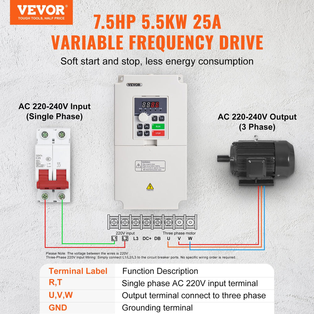 VEVOR VFD 7.5HP, 5.5KW, 25A, 1 or 3 Phase AC 220V Input to 3 Phase AC 0~220V Output Variable Frequency Drive, 50/60Hz Input, 0-2000Hz Output VFD for Spindle Motor Speed Control