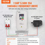 VEVOR VFD 7.5HP, 5.5KW, 25A, 1 or 3 Phase AC 220V Input to 3 Phase AC 0~220V Output Variable Frequency Drive, 50/60Hz Input, 0-2000Hz Output VFD for Spindle Motor Speed Control